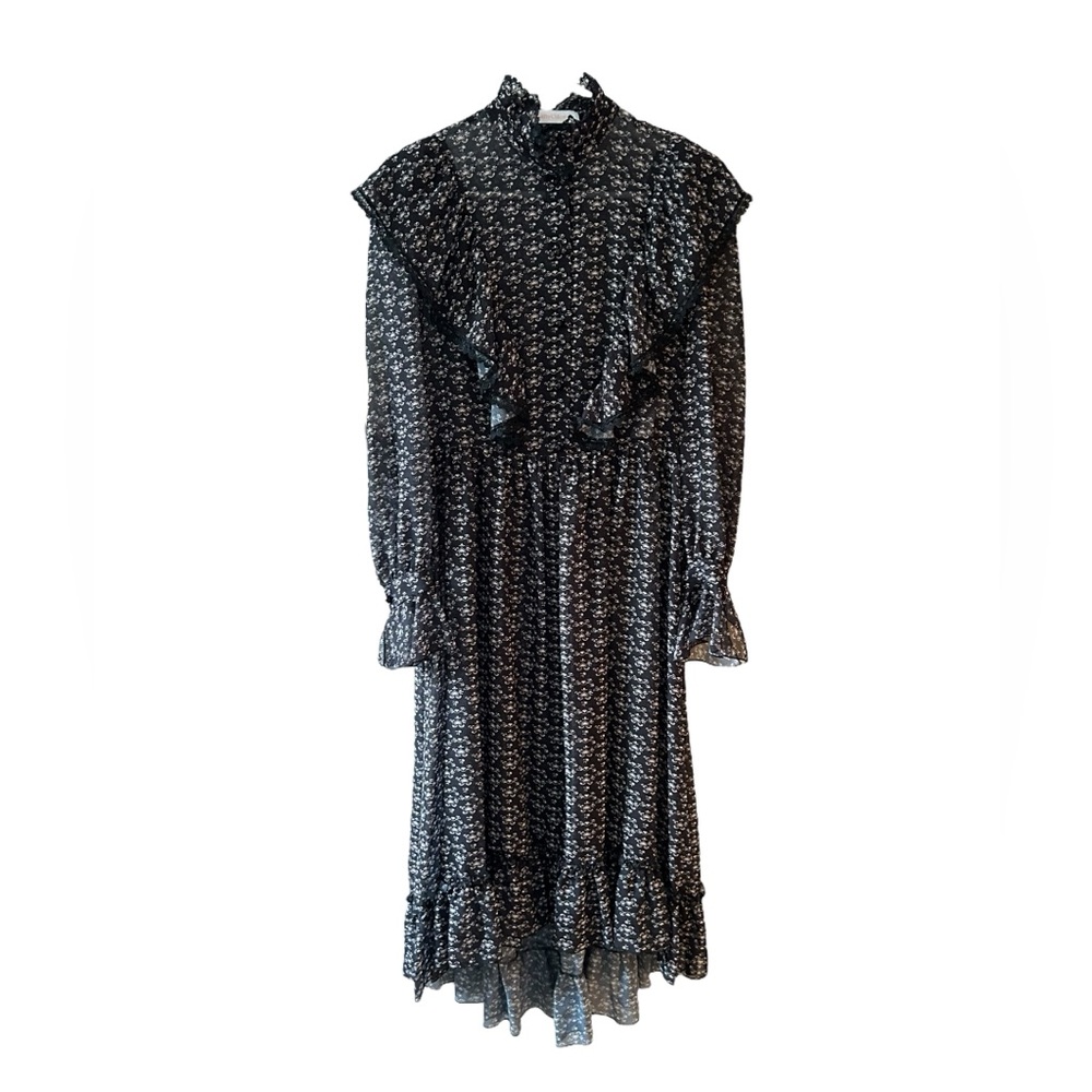 See By Chloe Bisous Midi Dress Sheer Black Floral Long Sleeve Ruffles Fr 34/XS